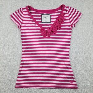 Y2K Abercrombie & Fitch Size M Pink White Stripe Flowers V-Neck Tee Preppy